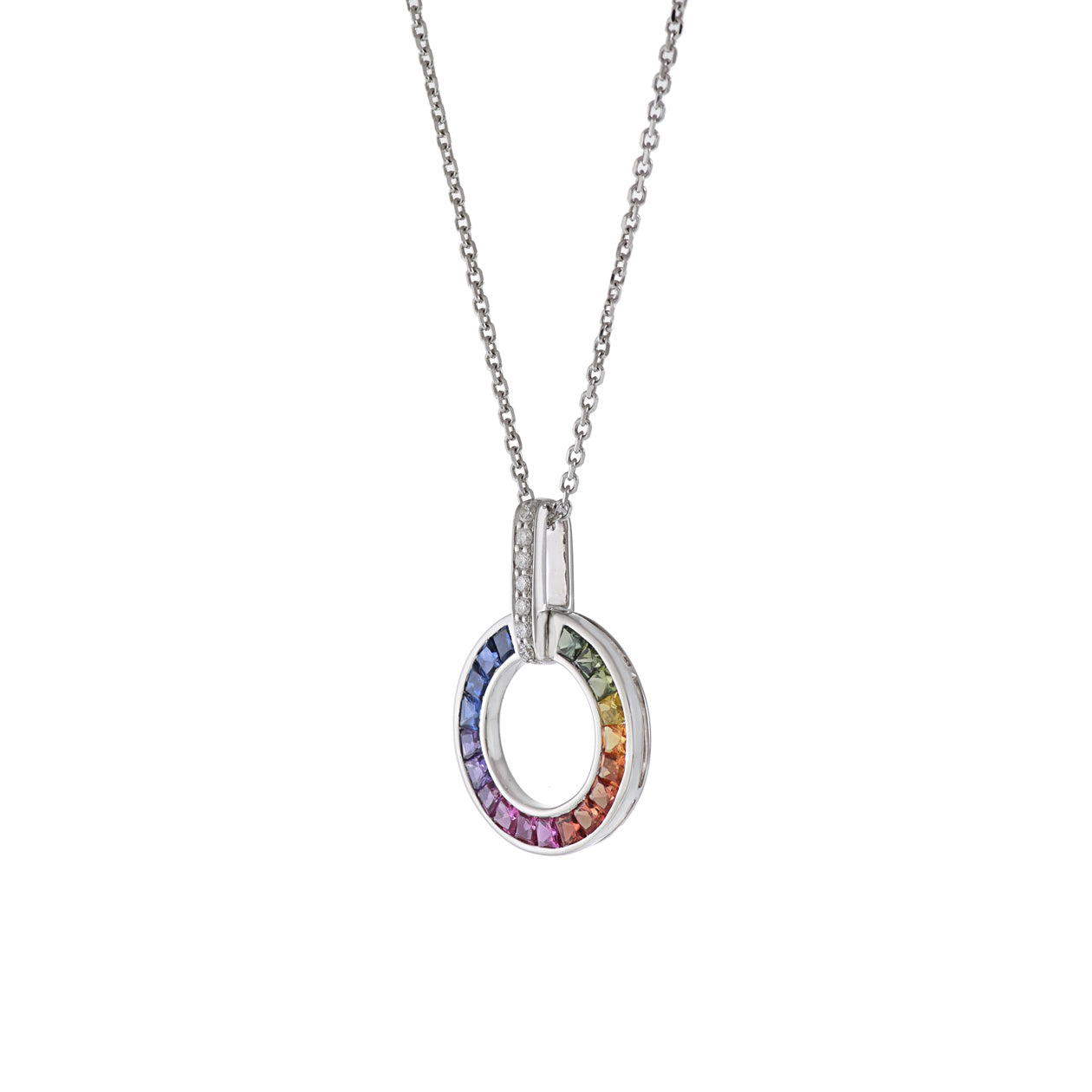 18KT White Gold Multi Color Sapphire and Diamond Circle Necklace