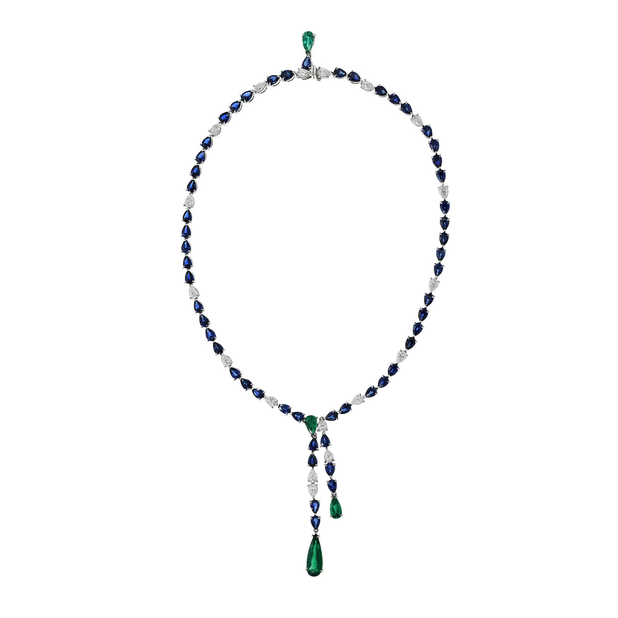 18KT White gold Sapphires, Emeralds and Diamonds Lariat Necklace