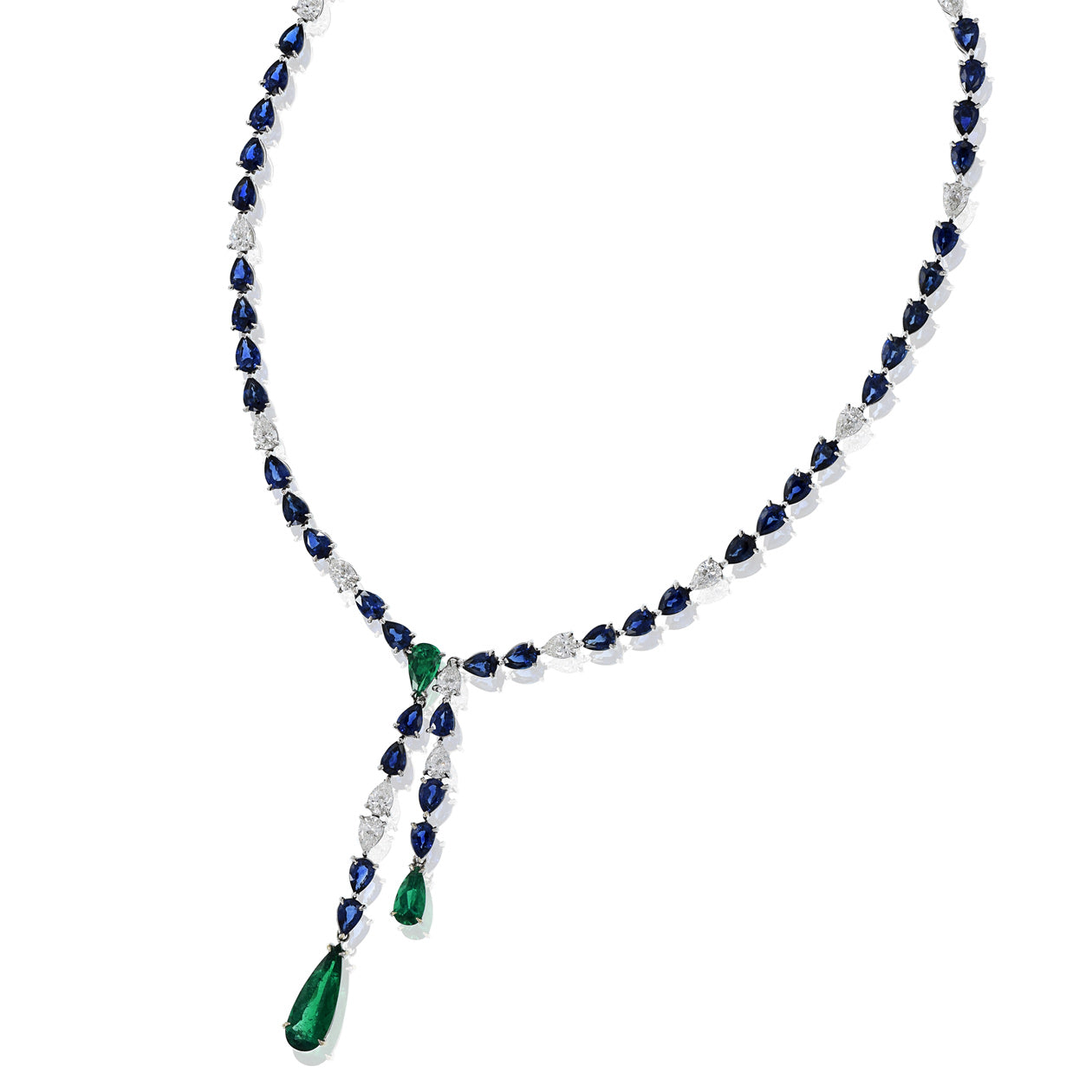 18KT White gold Sapphires, Emeralds and Diamonds Lariat Necklace