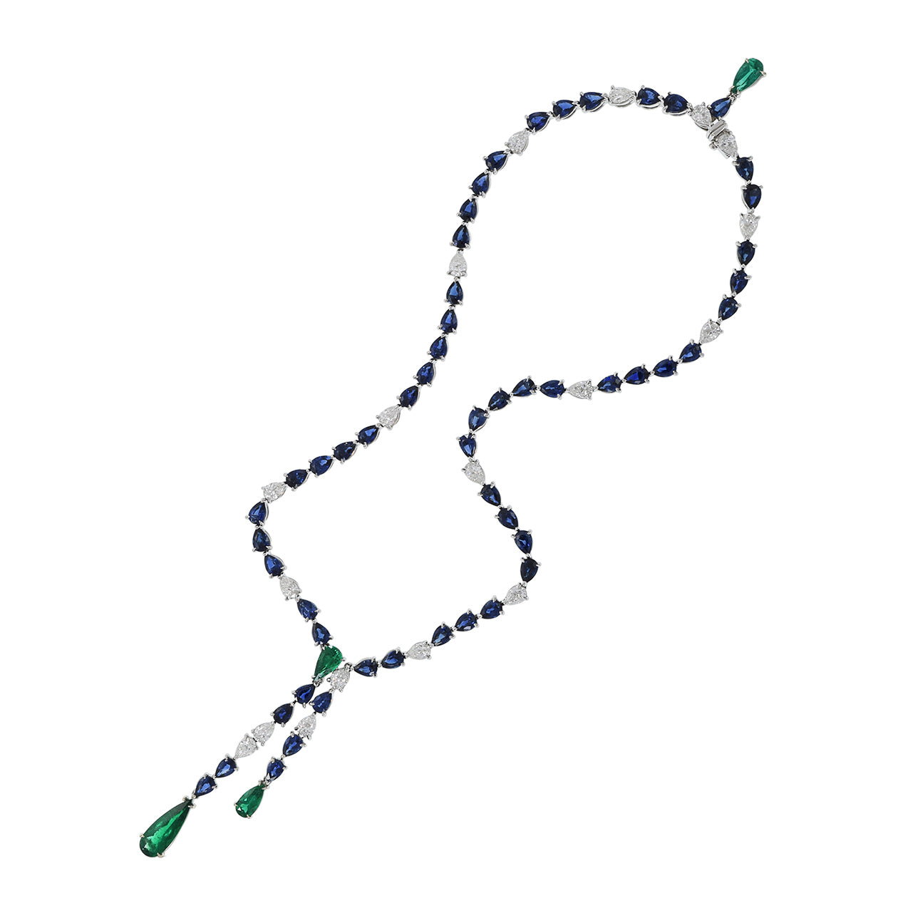 18KT White gold Sapphires, Emeralds and Diamonds Lariat Necklace