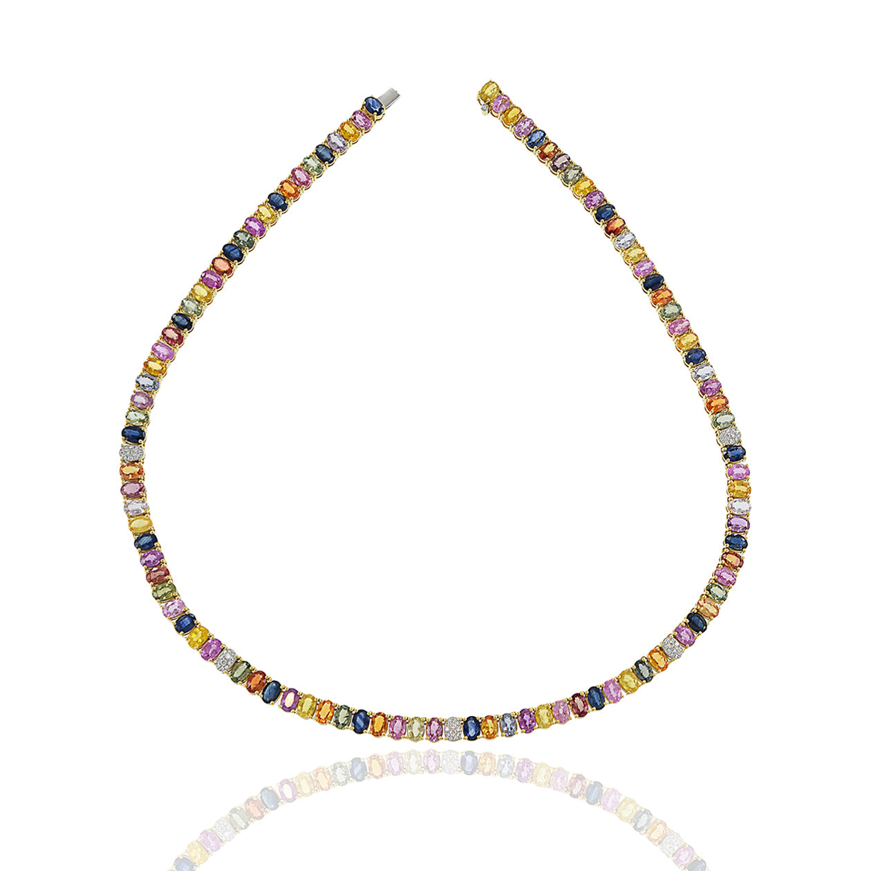 18KT Yellow Gold Multi Colored Sapphire Diamond Necklace