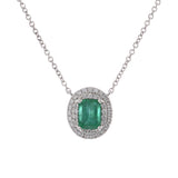 18KT White Gold Oval Emerald and Diamond Pendant with Chain