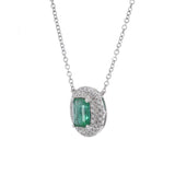 18KT White Gold Oval Emerald and Diamond Pendant with Chain