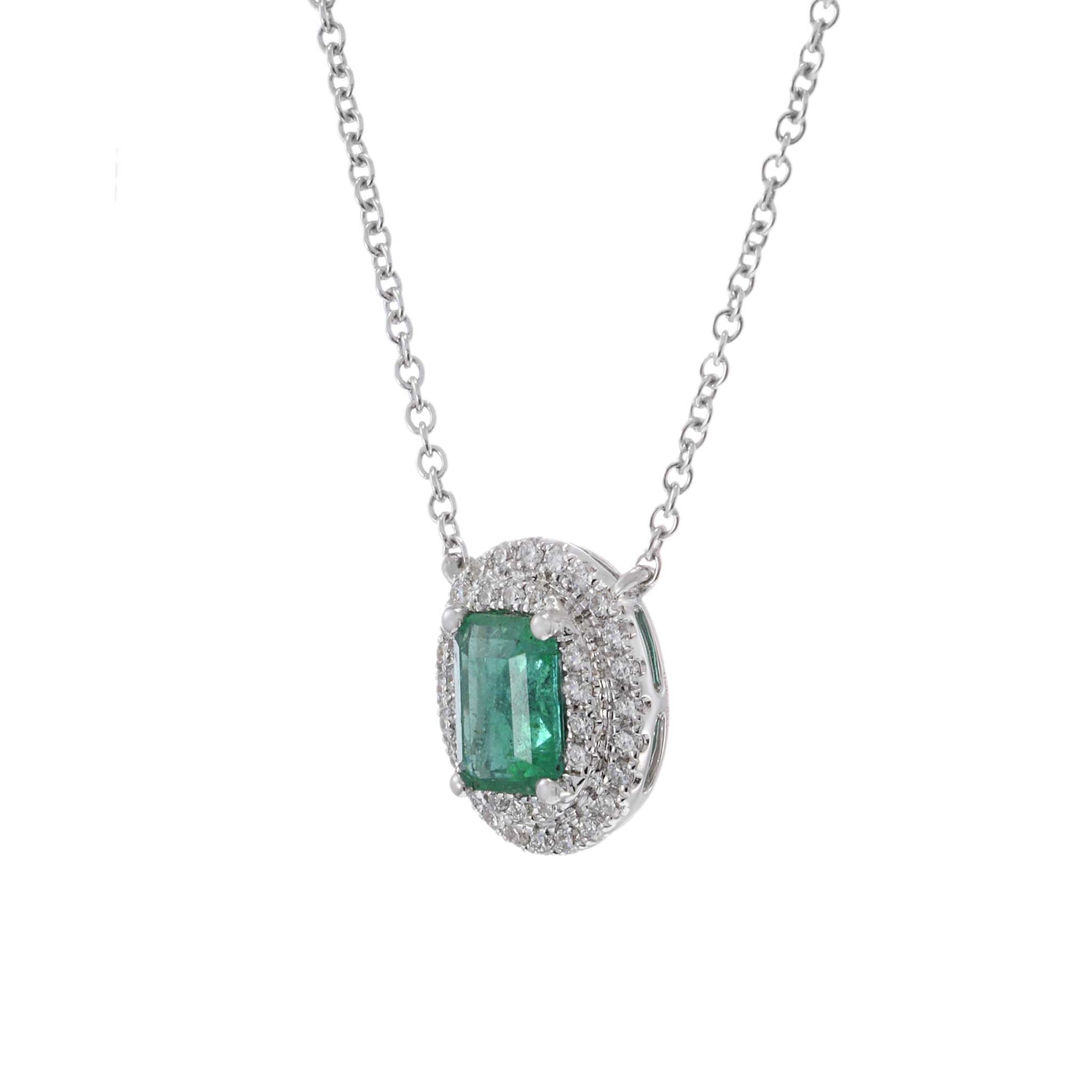 18KT White Gold Oval Emerald and Diamond Pendant with Chain