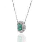 18KT White Gold Oval Emerald and Diamond Pendant with Chain