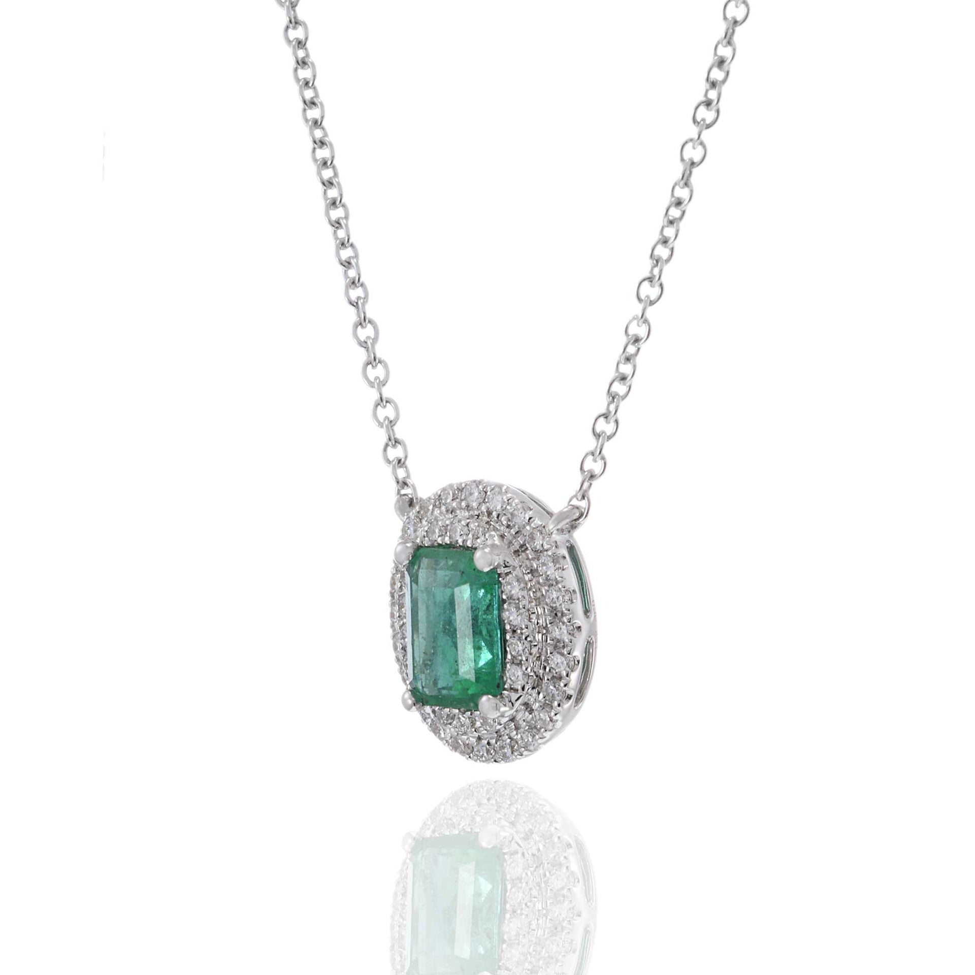 18KT White Gold Oval Emerald and Diamond Pendant with Chain