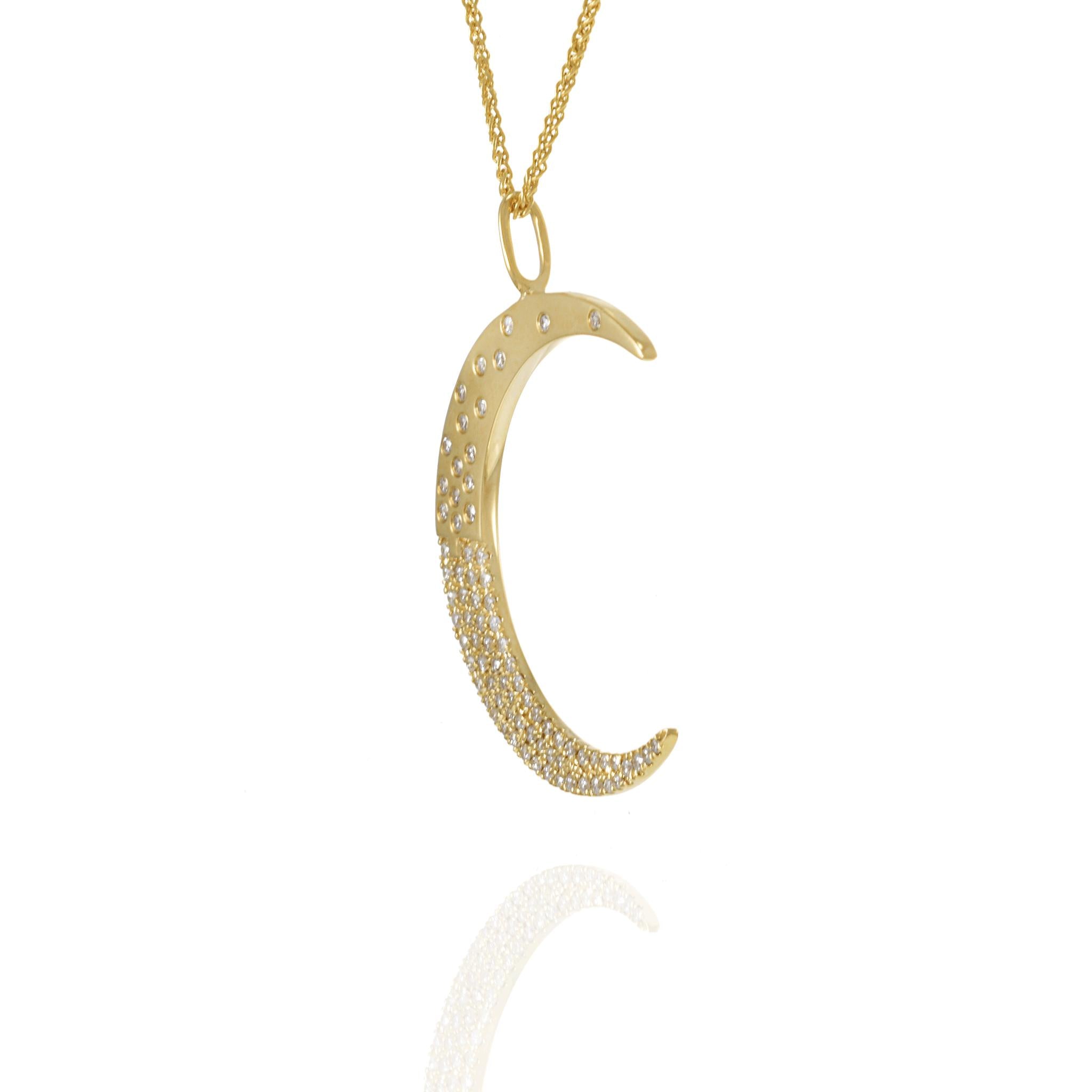 18KT Yellow Gold Crescent Moon Diamond Pendant with Chain