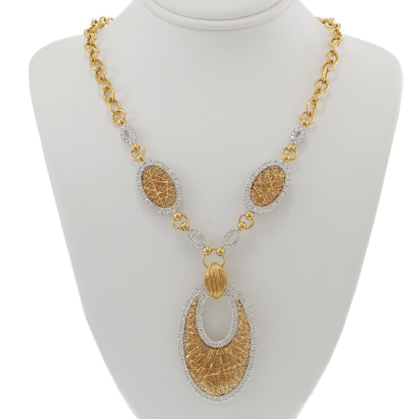 Estate Italian 18KT Yellow Gold Mesh Diamond Drop Necklace