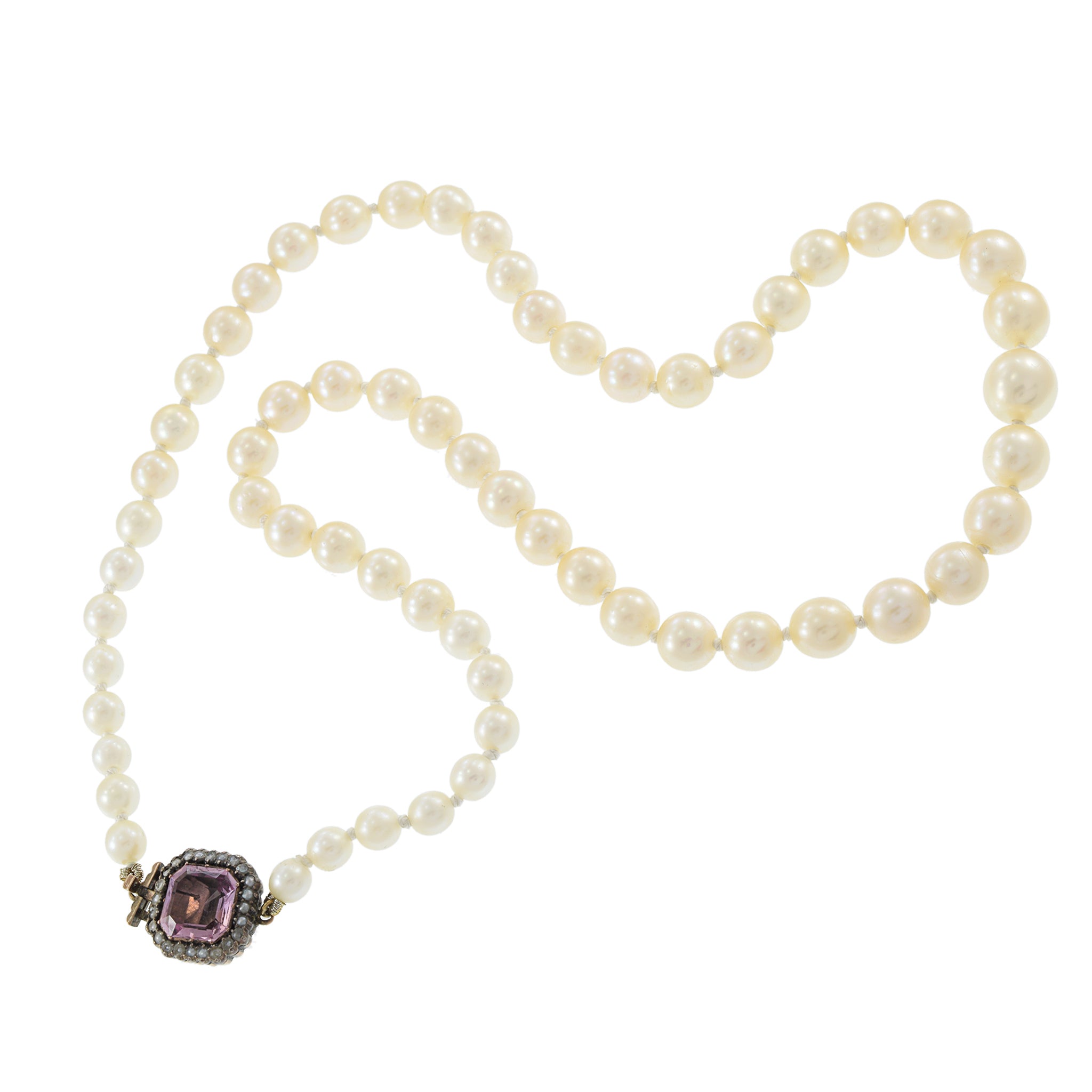 Estate Genuine Japanese Akoya Graduated Pearl Necklace with Pink Tourmaline Clasp