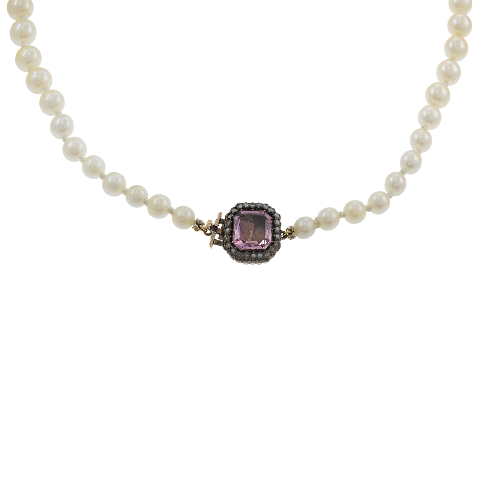 Estate Genuine Japanese Akoya Graduated Pearl Necklace with Pink Tourmaline Clasp