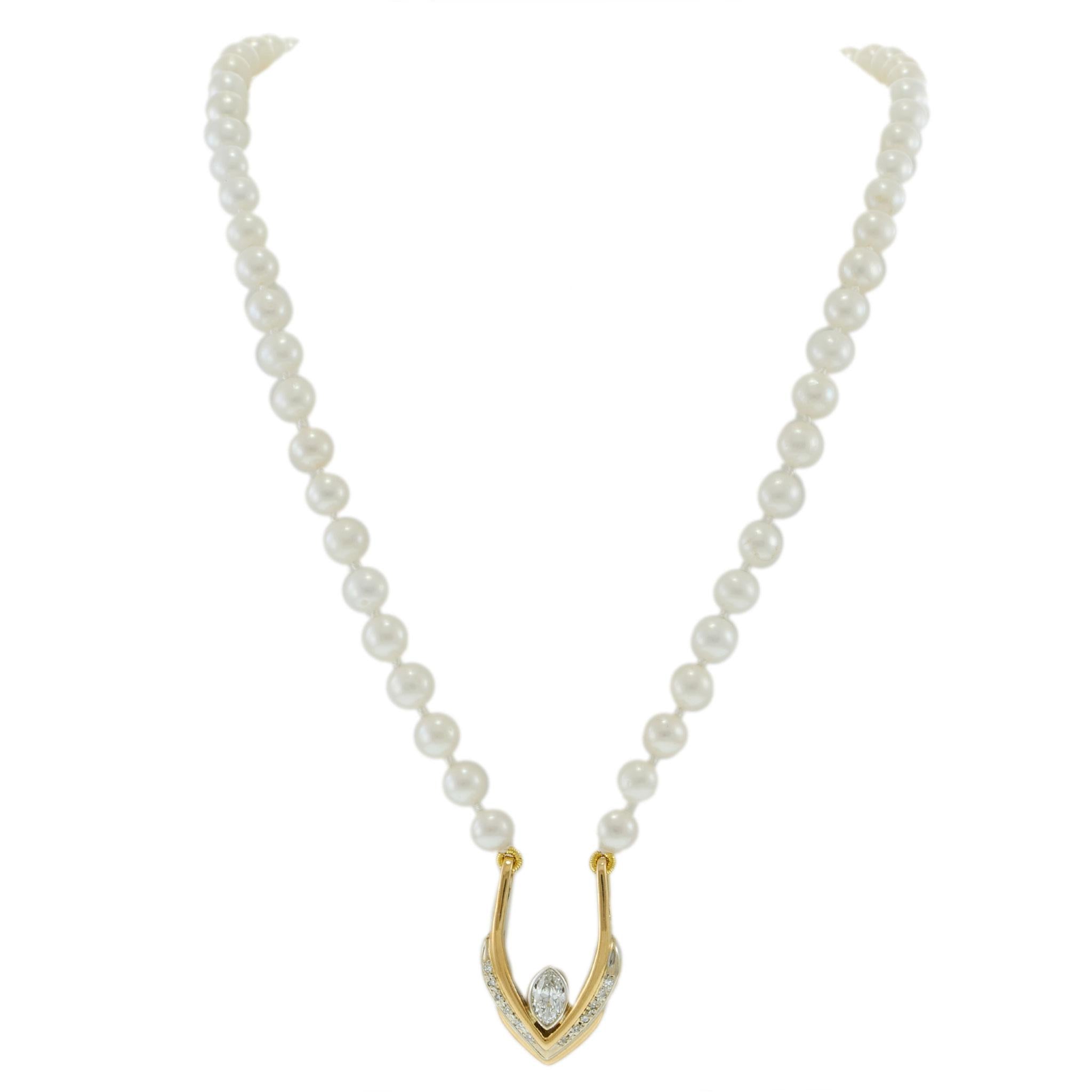 14KT Two-Tone Gold Marquise and Round Diamond V-Pendant on Akoya Pearl Strand
