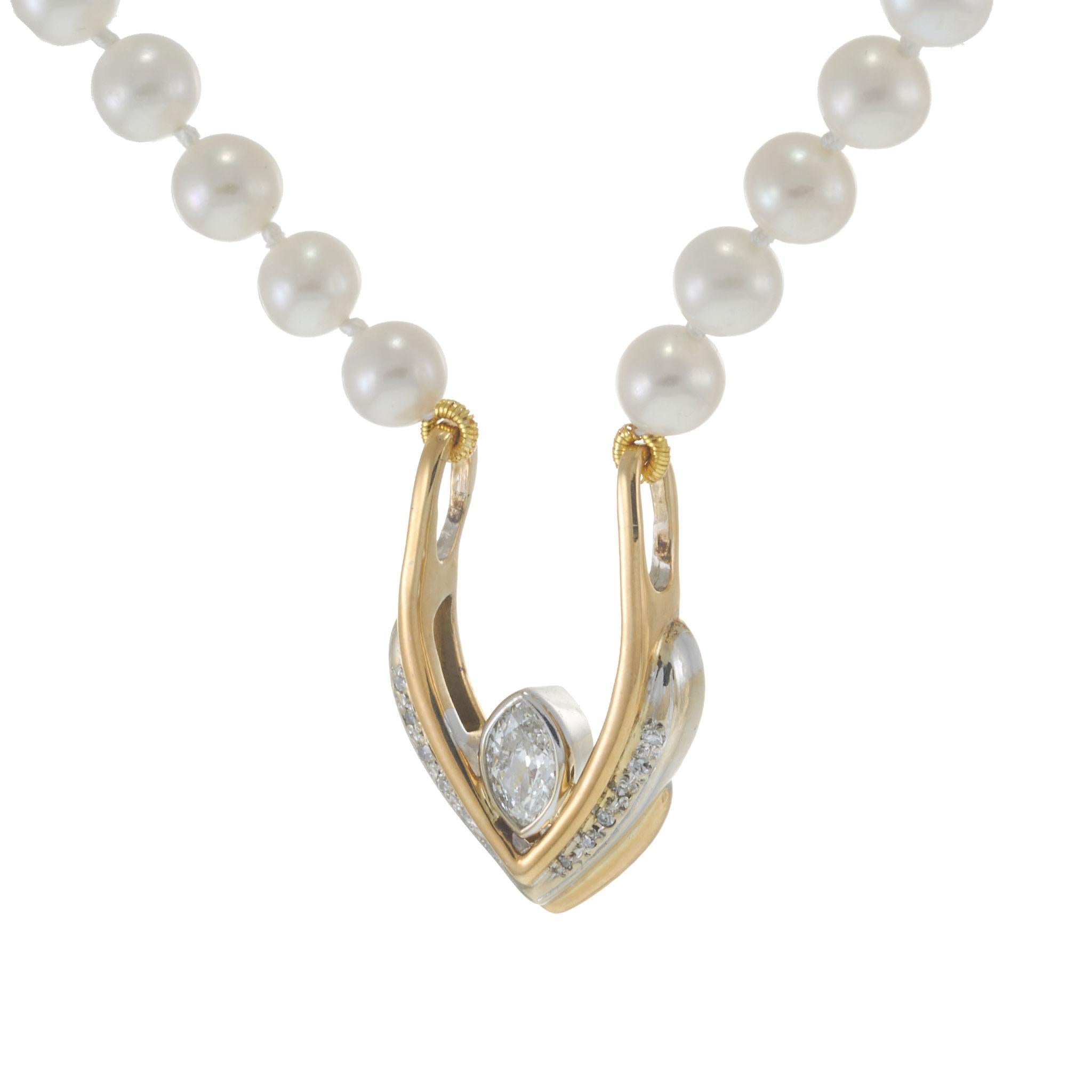 14KT Two-Tone Gold Marquise and Round Diamond V-Pendant on Akoya Pearl Strand