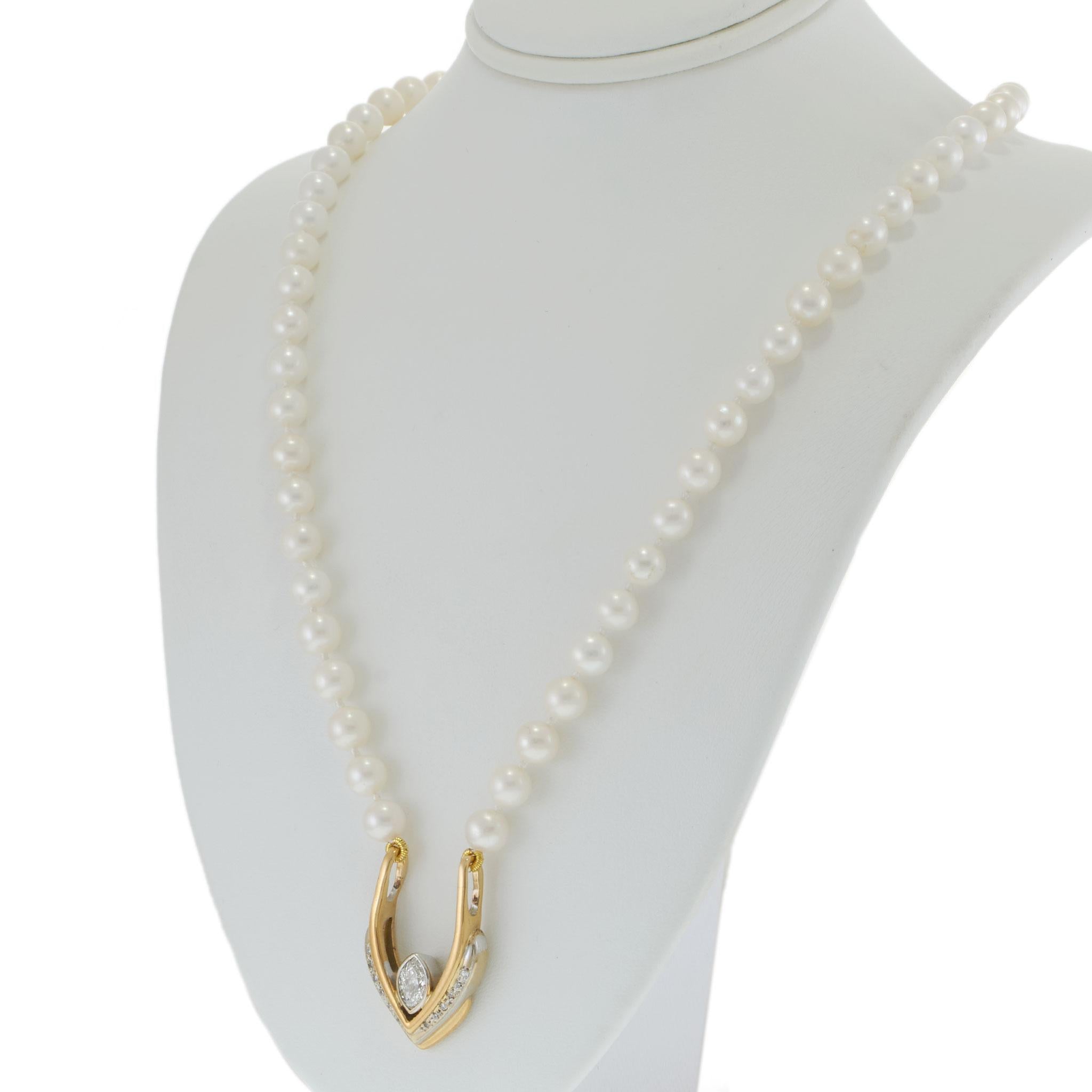 14KT Two-Tone Gold Marquise and Round Diamond V-Pendant on Akoya Pearl Strand