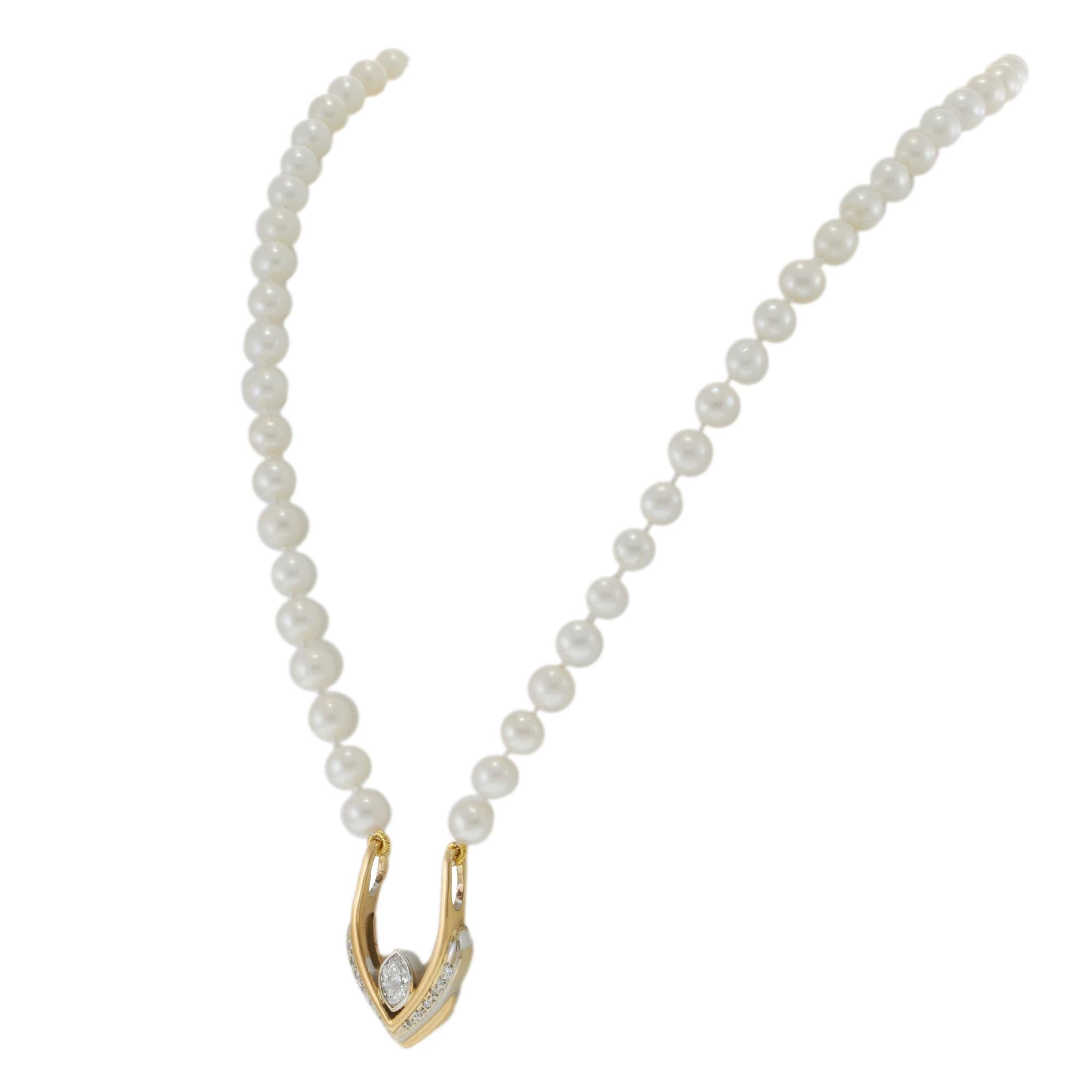 14KT Two-Tone Gold Marquise and Round Diamond V-Pendant on Akoya Pearl Strand