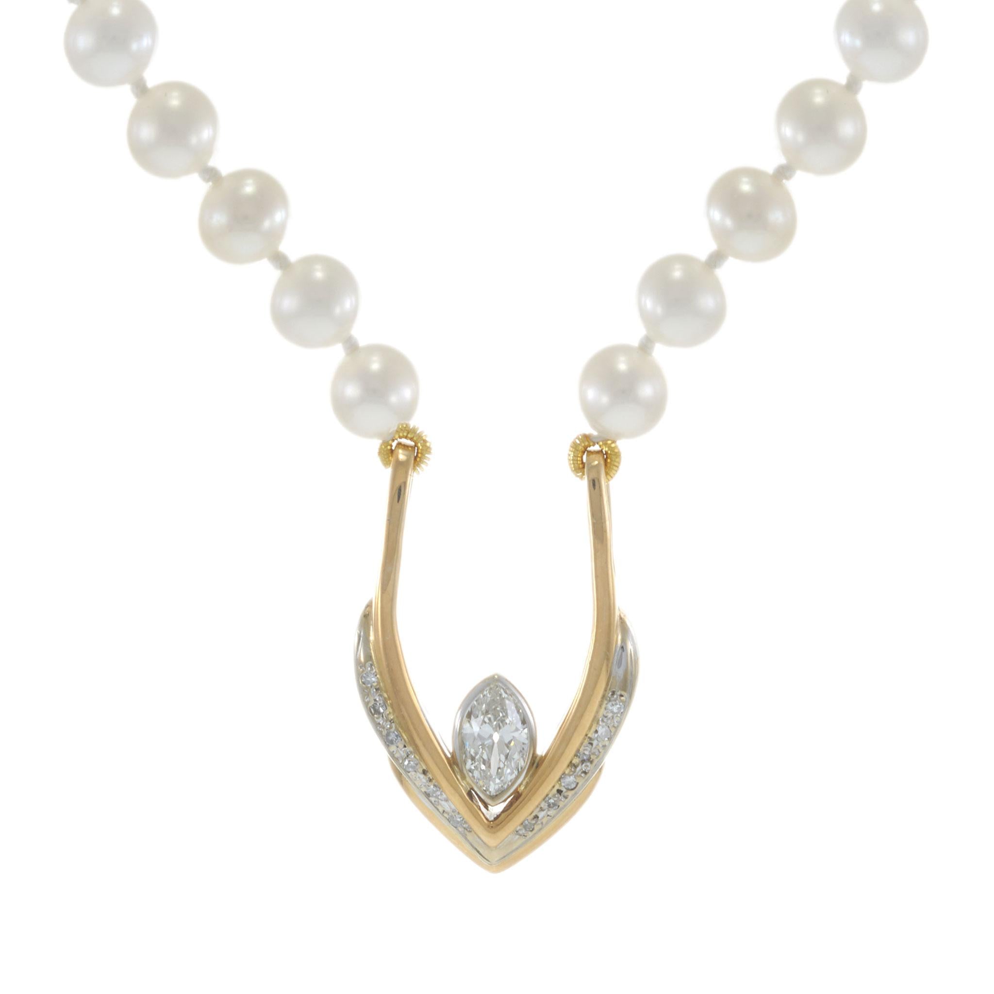 14KT Two-Tone Gold Marquise and Round Diamond V-Pendant on Akoya Pearl Strand