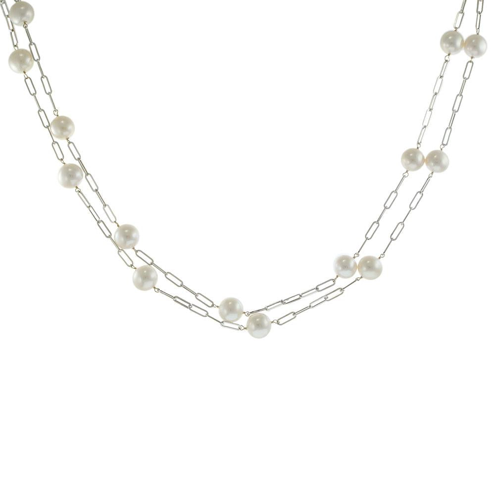 White Gold Paperclip Chain Tin Cup Pearl Necklace
