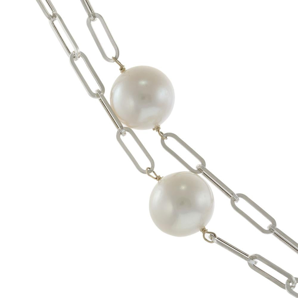 White Gold Paperclip Chain Tin Cup Pearl Necklace