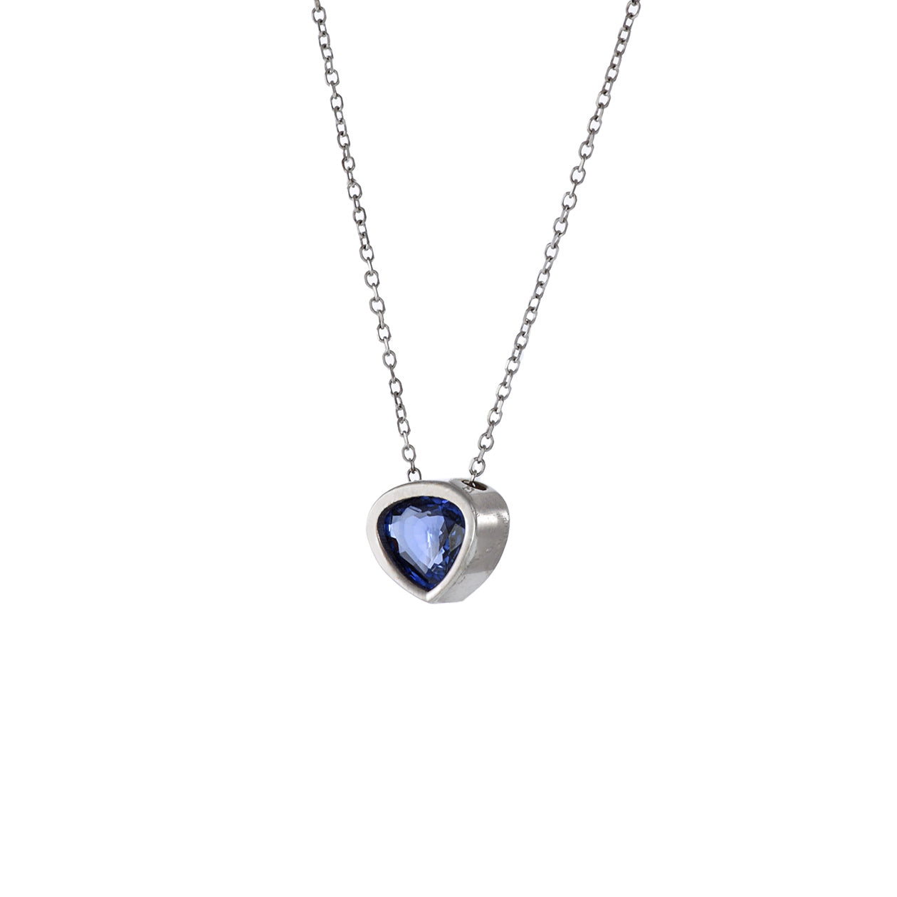 14KT White Gold Diamond Bezel Set Blue Sapphire Pendant Necklace