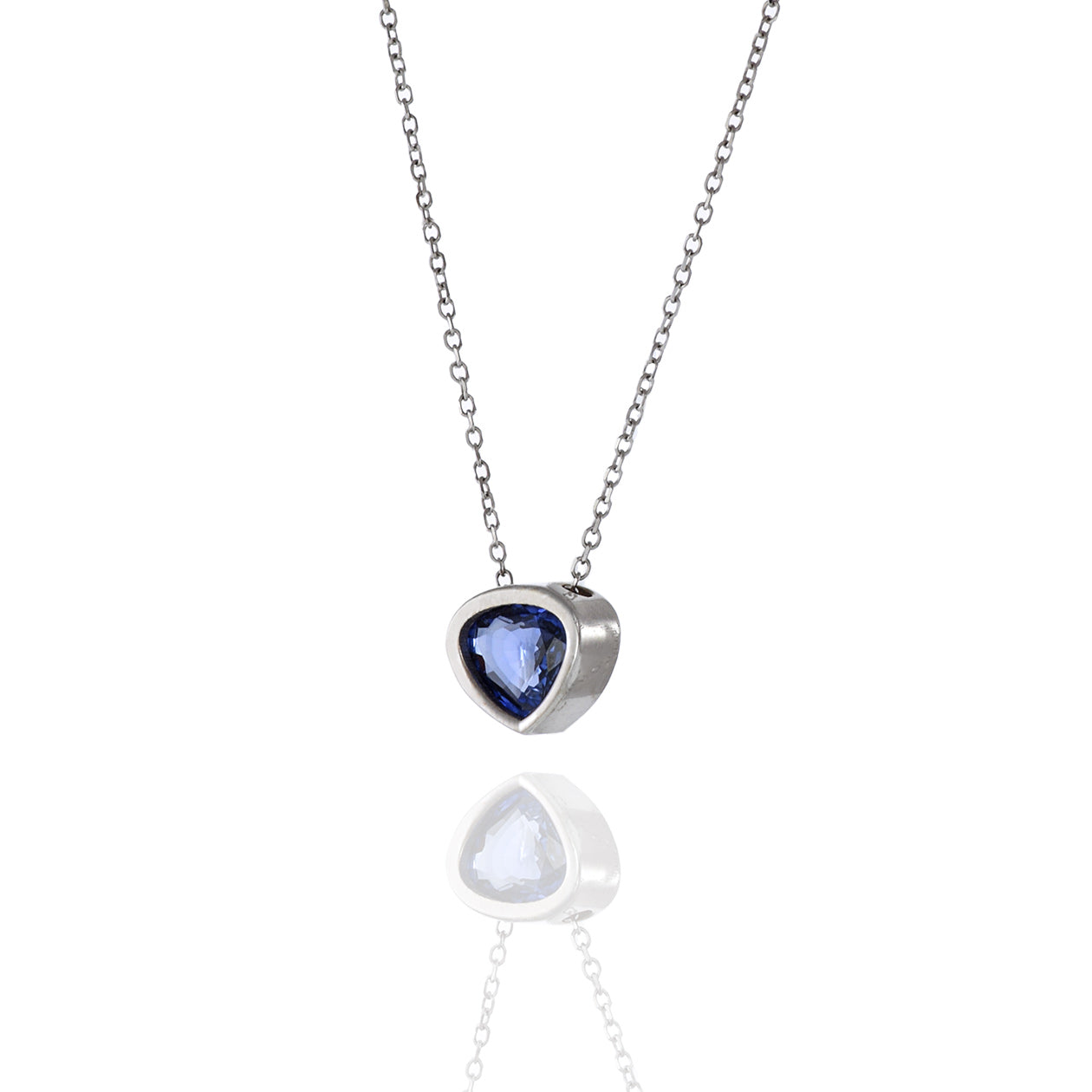 14KT White Gold Diamond Bezel Set Blue Sapphire Pendant Necklace