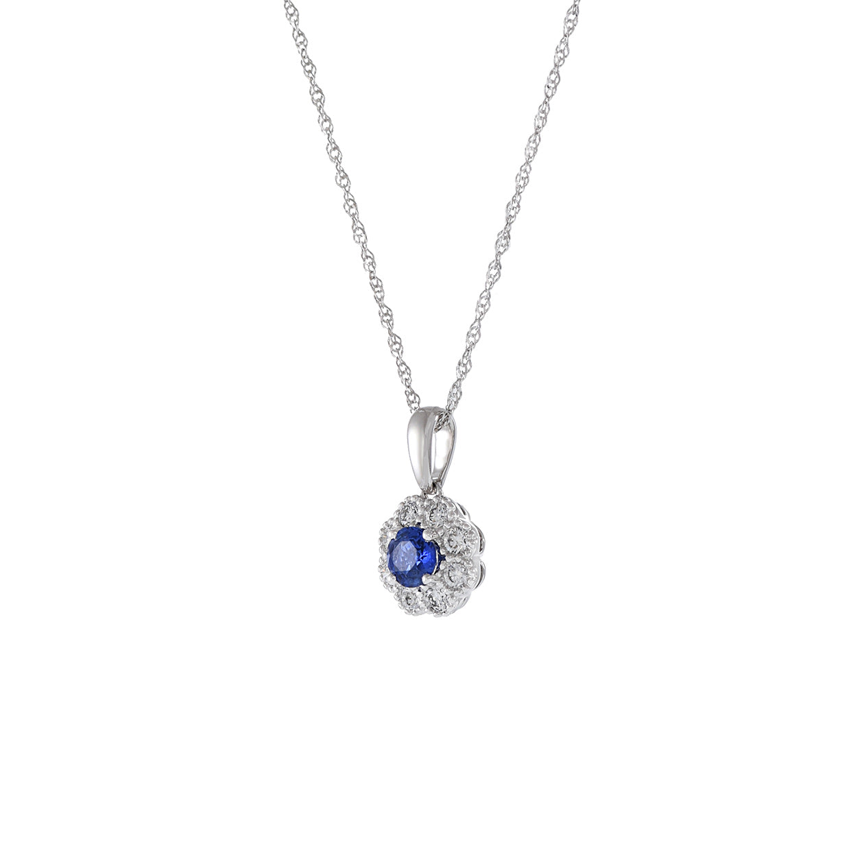 14KT White Gold Blue Sapphire And Diamond Flower Pendant Necklace