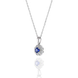 14KT White Gold Blue Sapphire And Diamond Flower Pendant Necklace