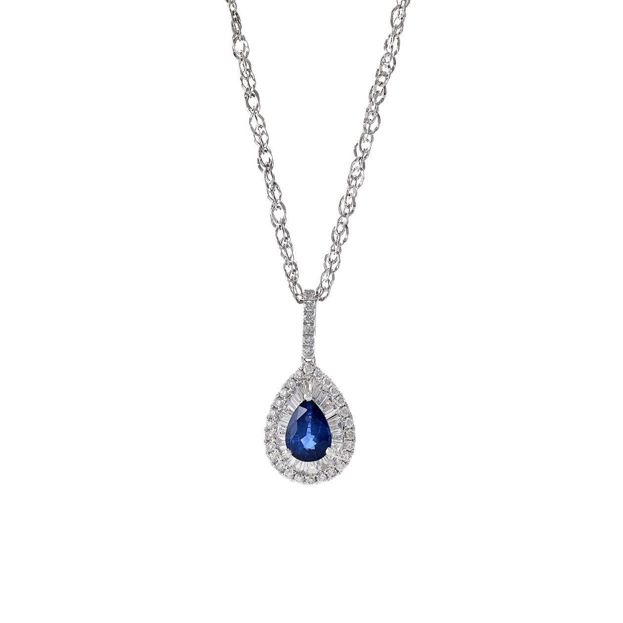 14KT White Gold Blue Sapphire And Diamond Pendant Necklace