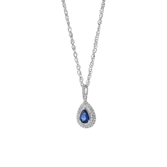 14KT White Gold Blue Sapphire And Diamond Pendant Necklace