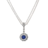 14KT White Gold Round Cut Blue Sapphire and Diamond Pendant with Double Chain