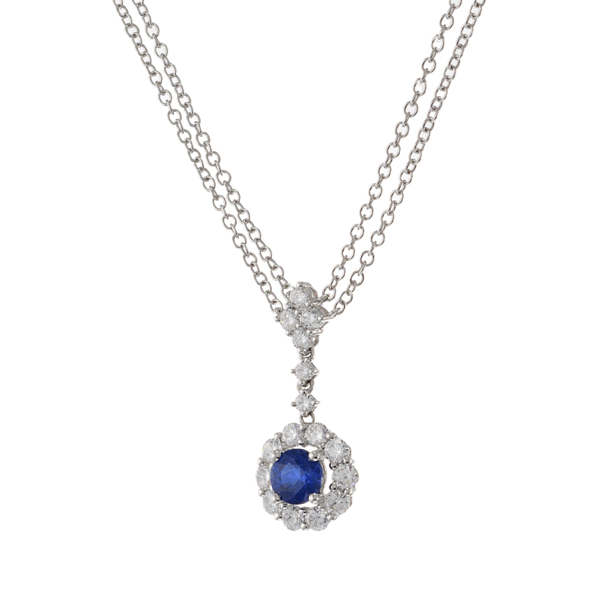 14KT White Gold Round Cut Blue Sapphire and Diamond Pendant with Double Chain