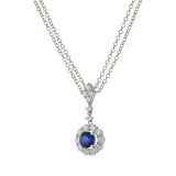 14KT White Gold Round Cut Blue Sapphire and Diamond Pendant with Double Chain