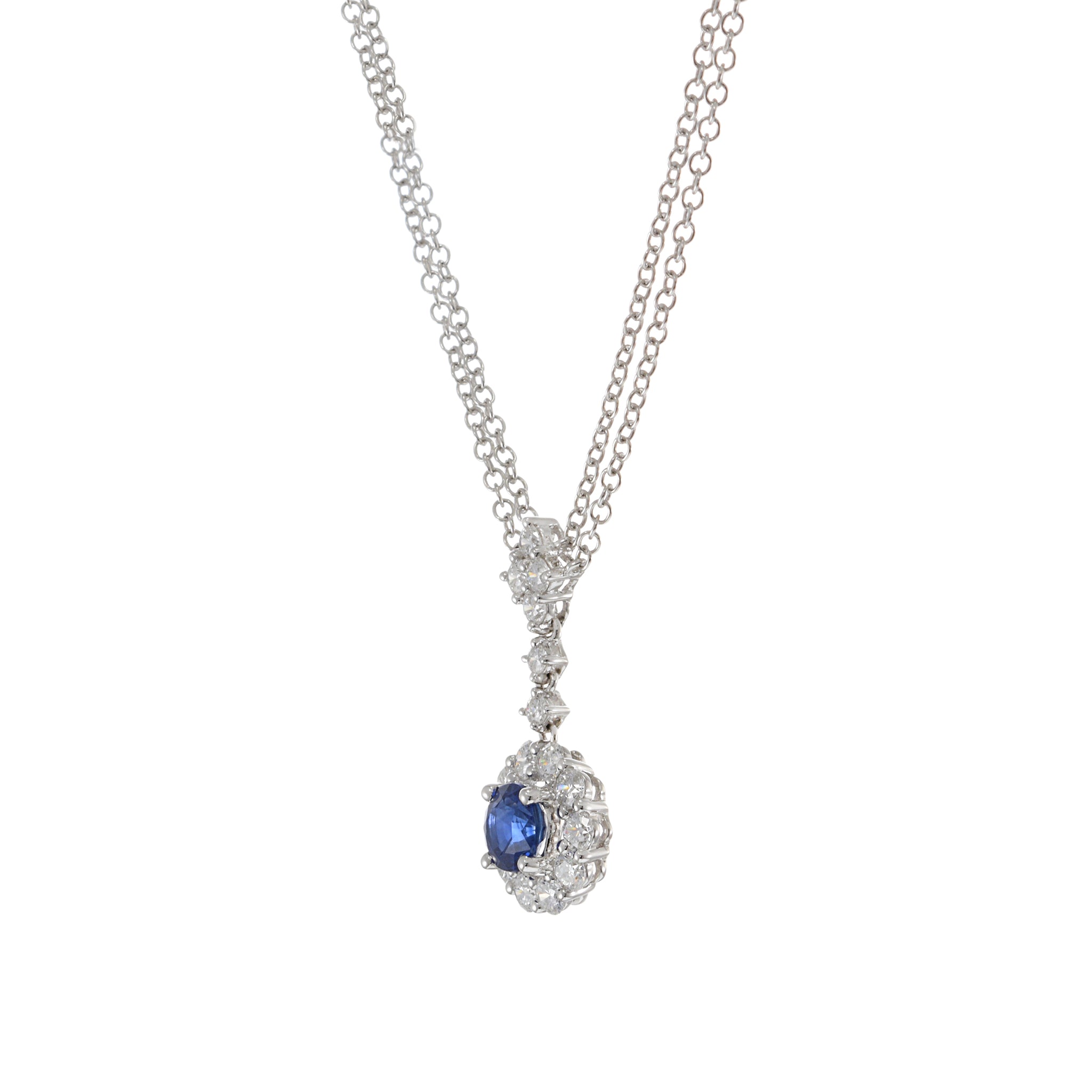 14KT White Gold Round Cut Blue Sapphire and Diamond Pendant with Double Chain