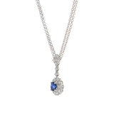 14KT White Gold Round Cut Blue Sapphire and Diamond Pendant with Double Chain