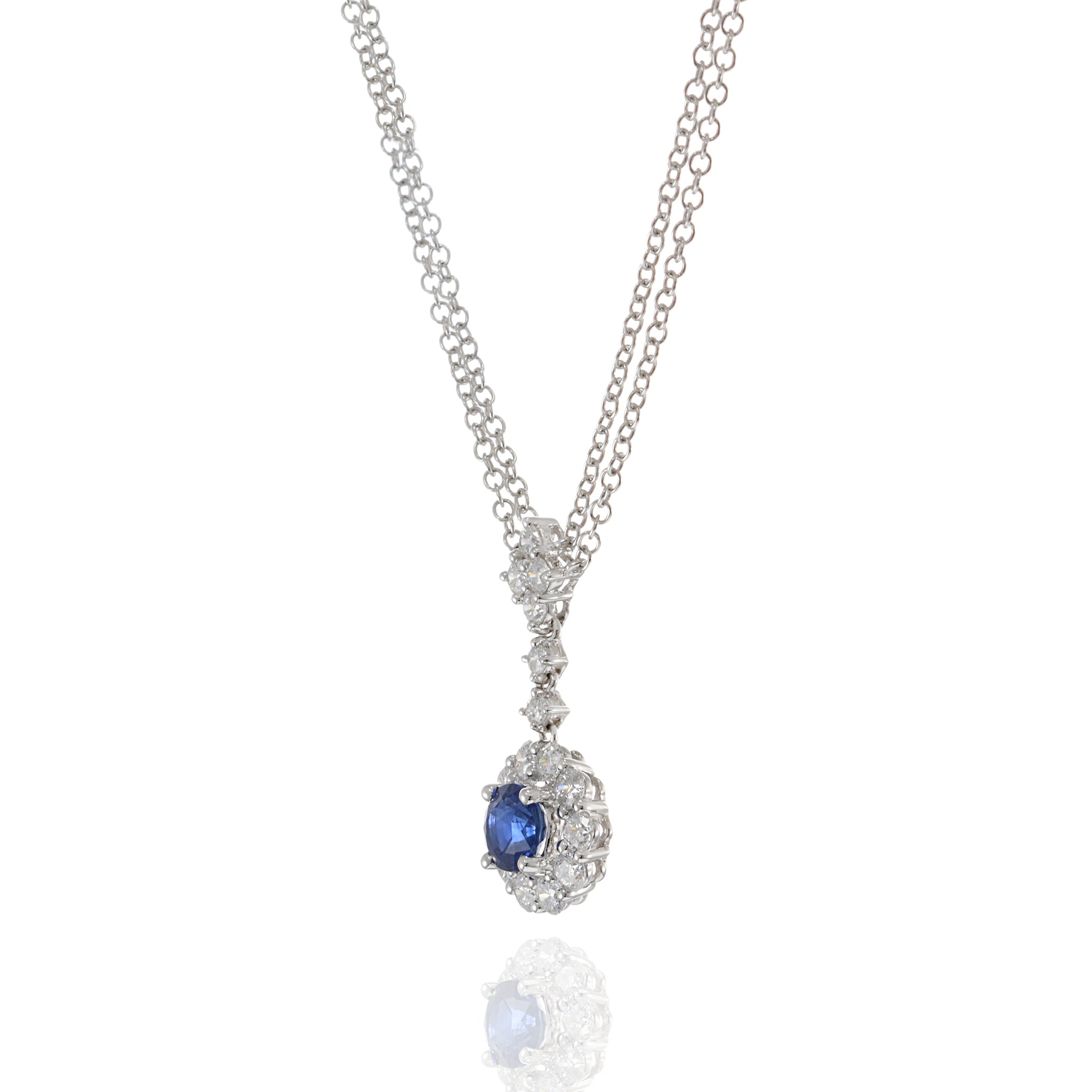 14KT White Gold Round Cut Blue Sapphire and Diamond Pendant with Double Chain