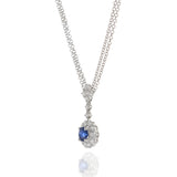 14KT White Gold Round Cut Blue Sapphire and Diamond Pendant with Double Chain