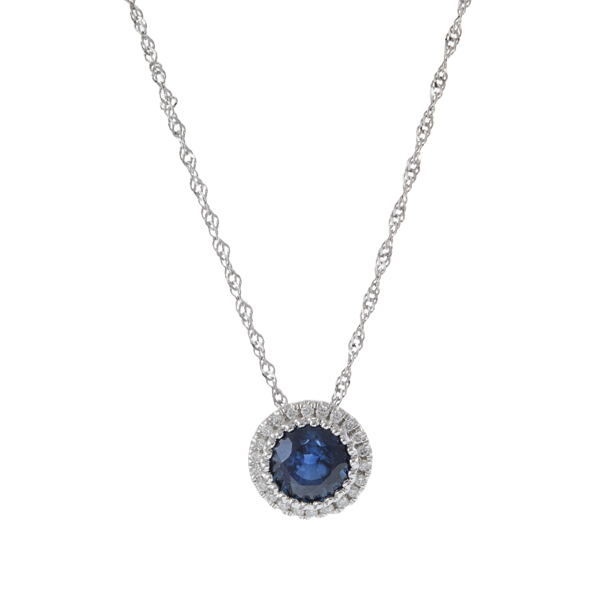 14KT White Gold Round Blue Sapphire and Diamond Pendant with Chain