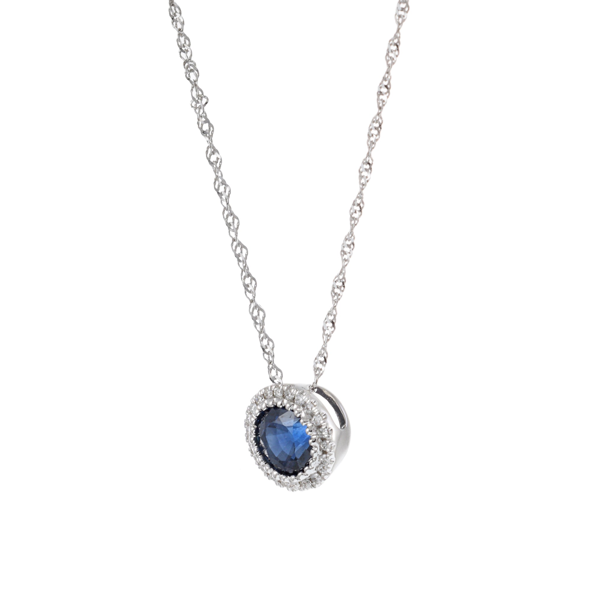 14KT White Gold Round Blue Sapphire and Diamond Pendant with Chain