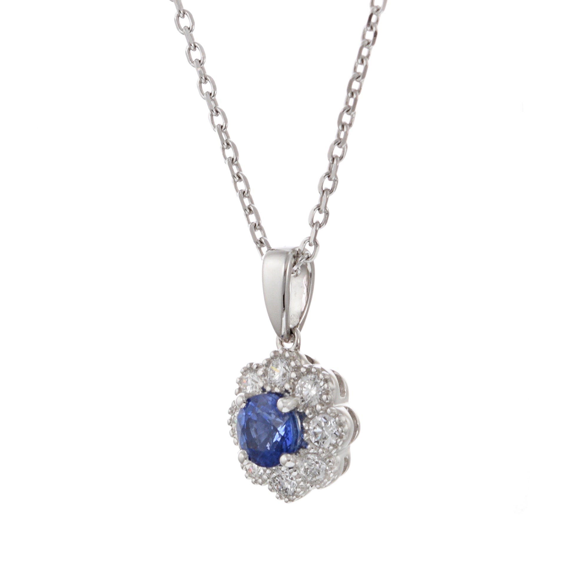 18KT White Gold Blue Sapphire and Diamond Pendant Necklace