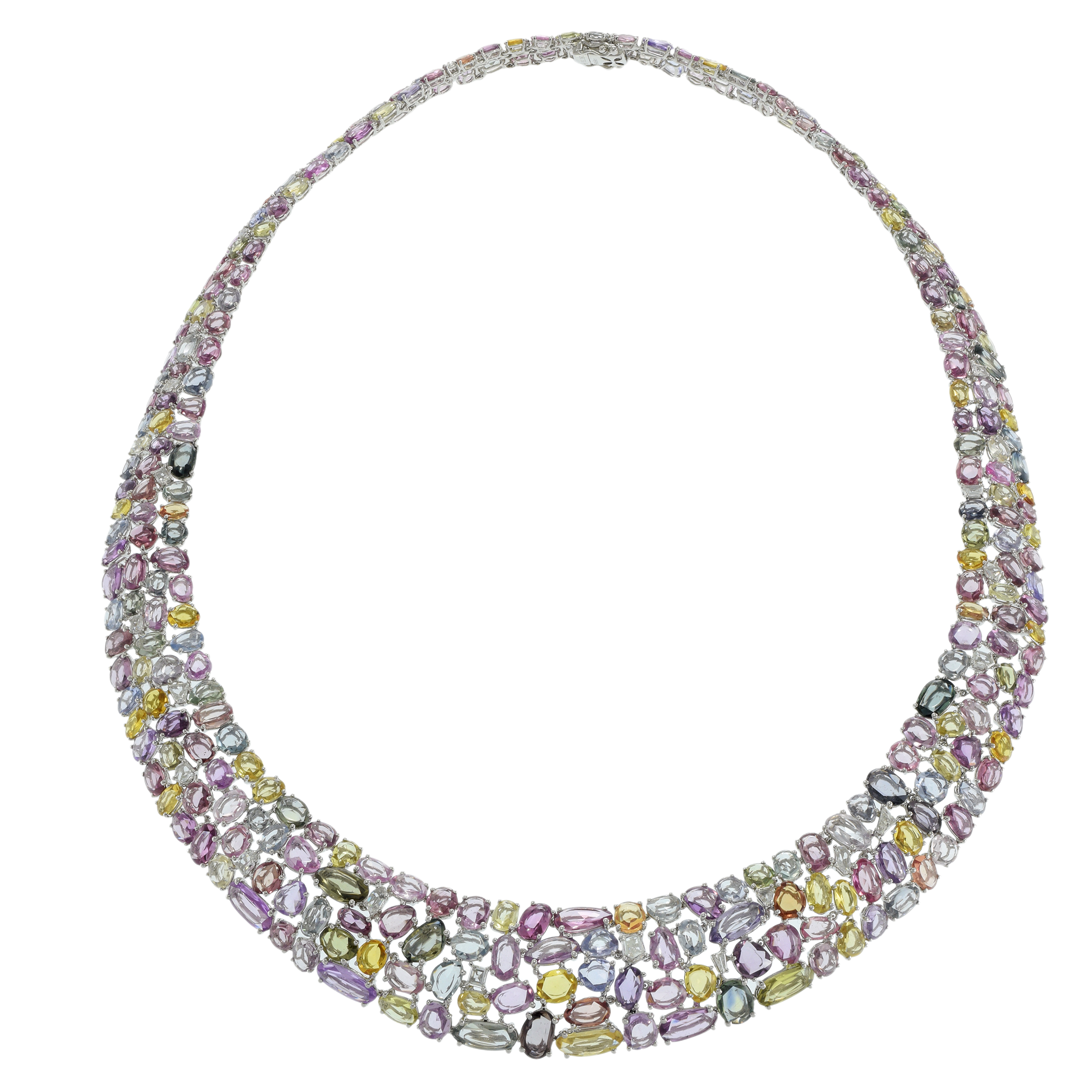 18KT White Gold Multi-Cut Sapphire and Diamond Bib Necklace