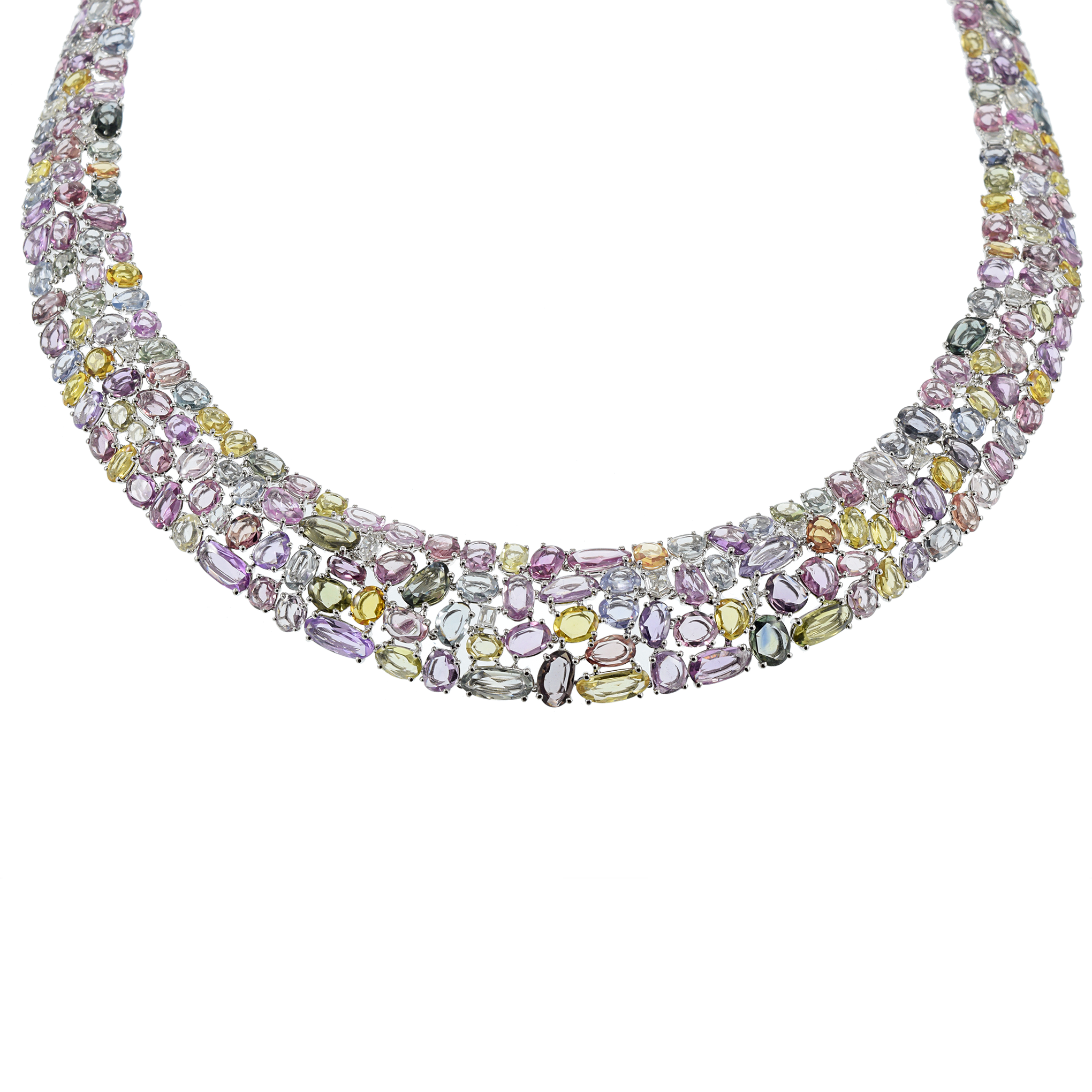 18KT White Gold Multi-Cut Sapphire and Diamond Bib Necklace