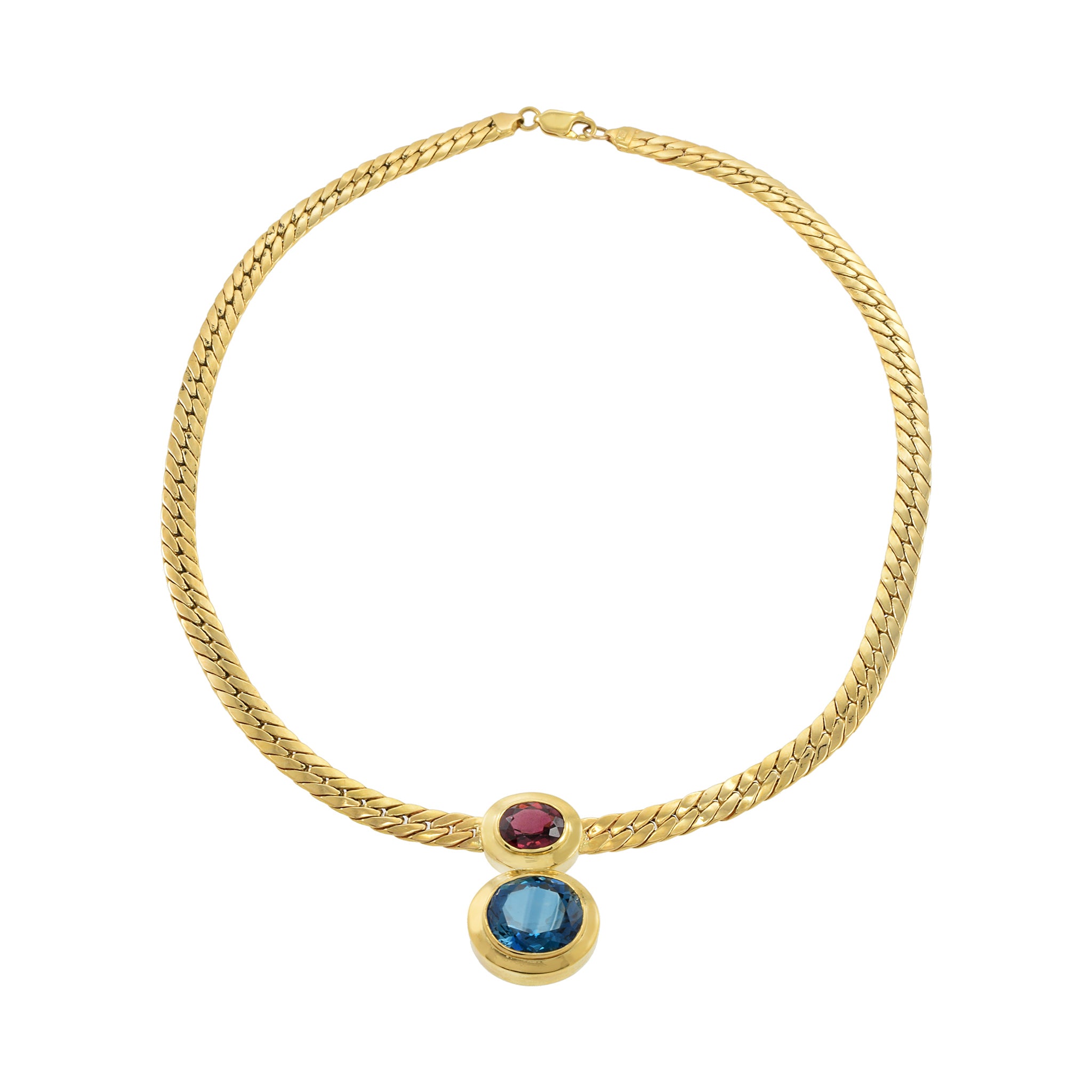 Vintage Retro 18KT Yellow Gold Blue Topaz And Garnet Drop Necklace