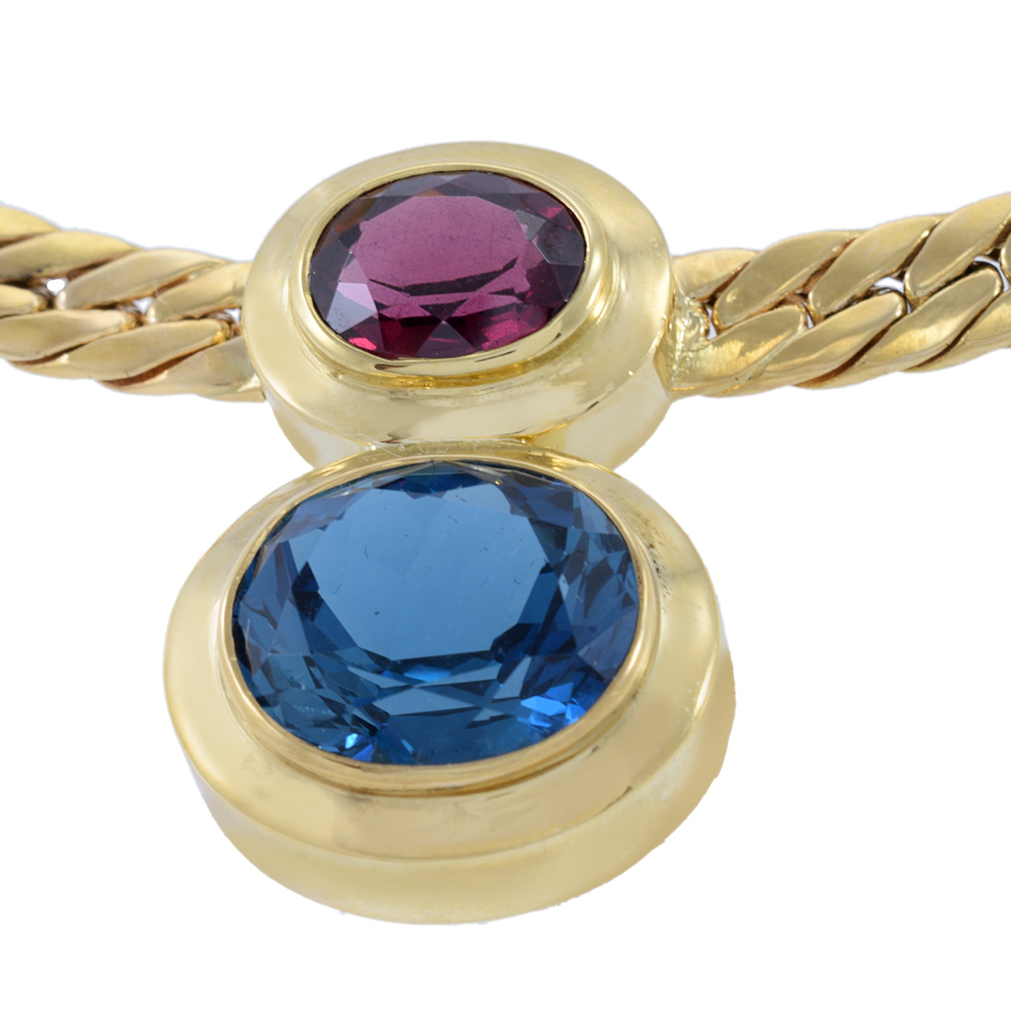 Vintage Retro 18KT Yellow Gold Blue Topaz And Garnet Drop Necklace