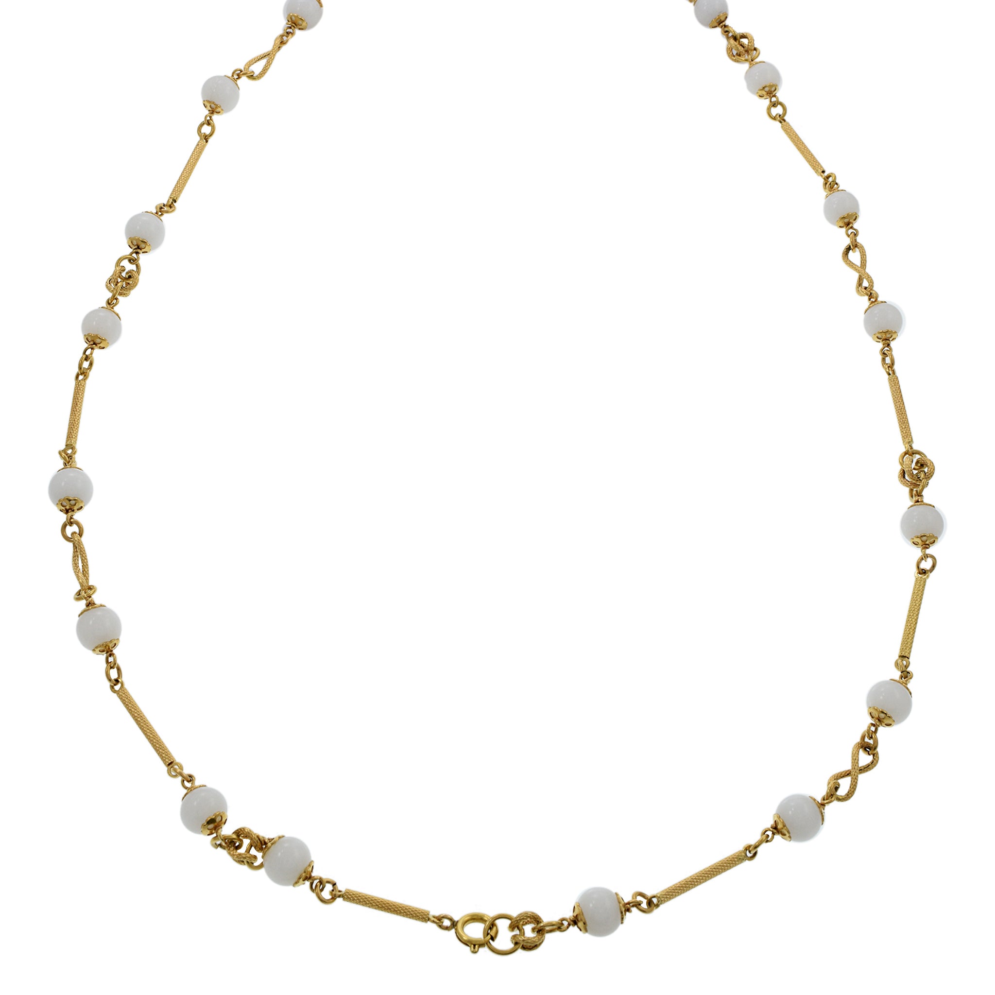 Vintage 1970's Mother of Pearl Bead 32" Necklace with 18KT Yellow Gold Tubes and Ropes