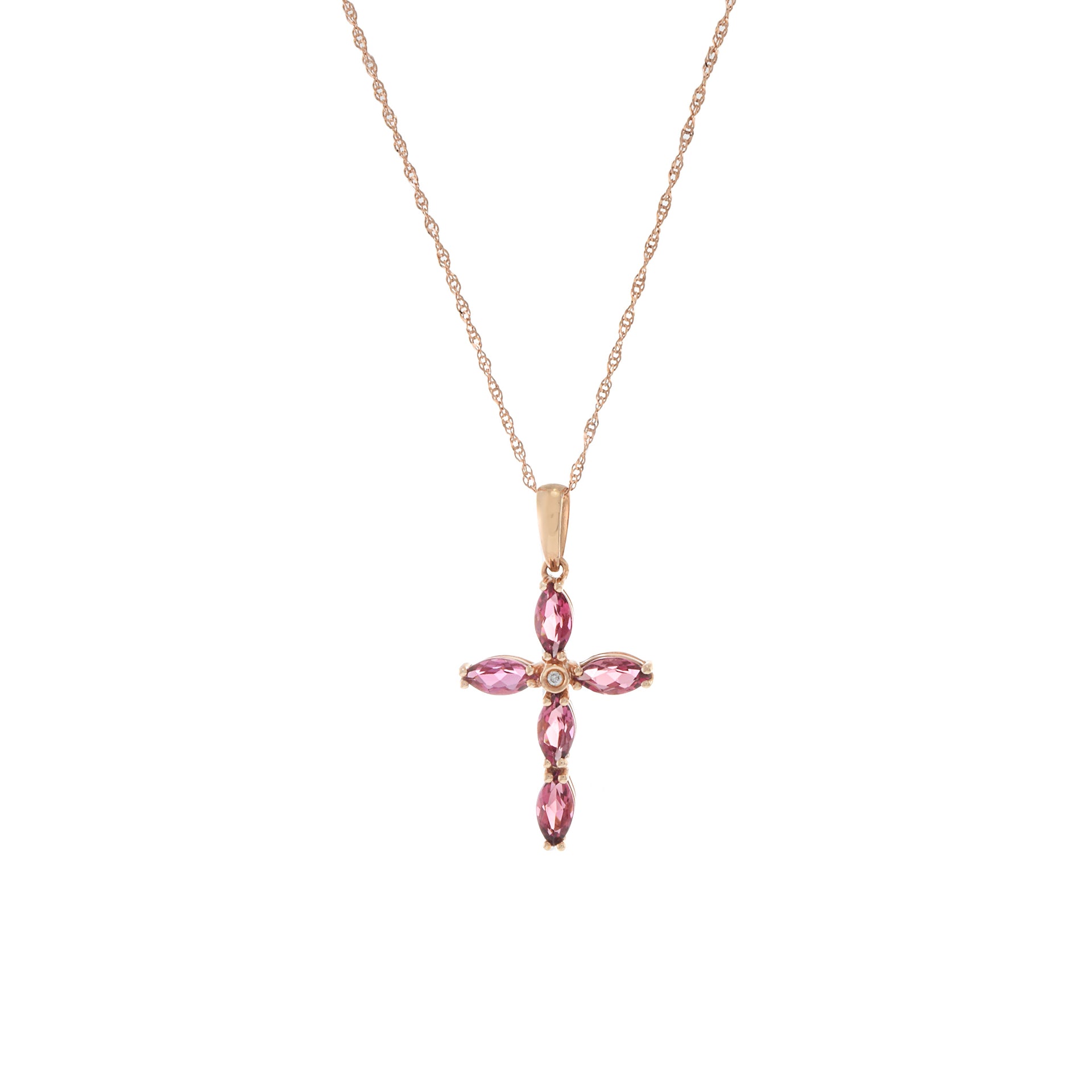 14KT Rose Gold Pink Tourmaline And Diamond Cross Necklace