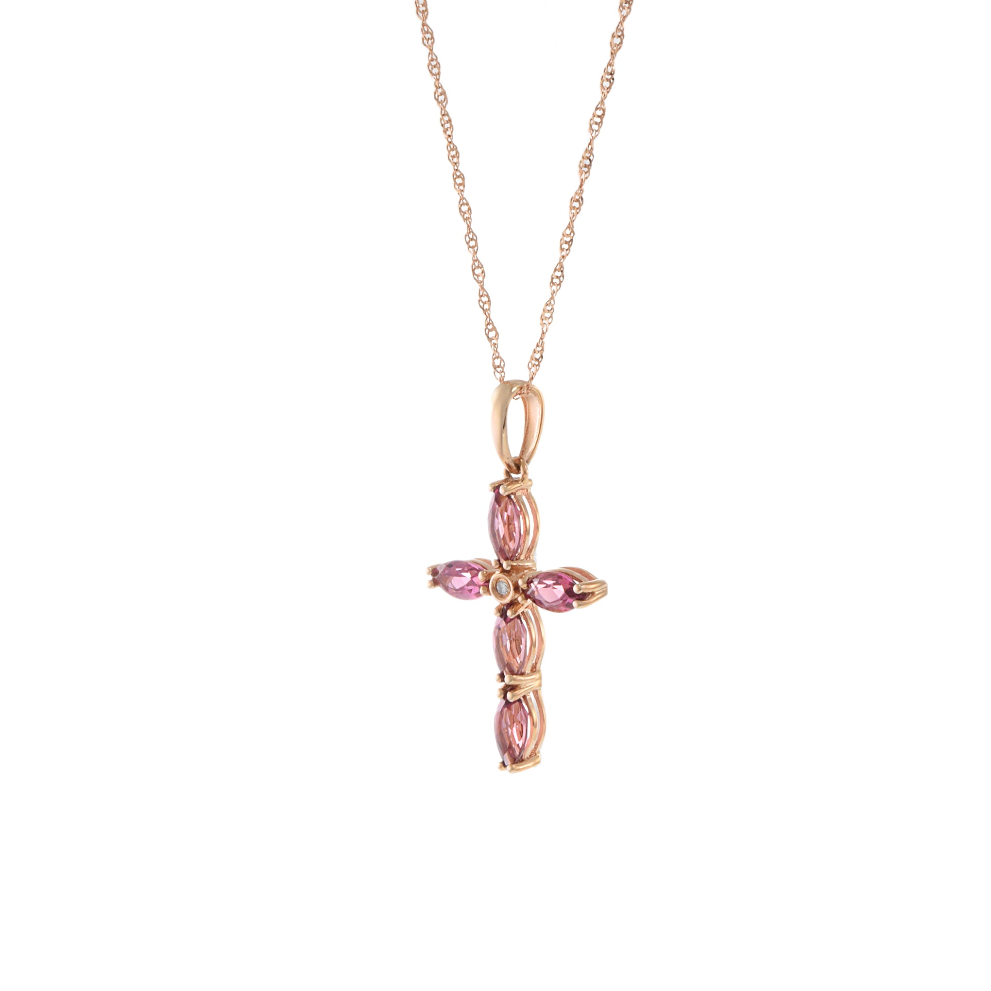 14KT Rose Gold Pink Tourmaline And Diamond Cross Necklace