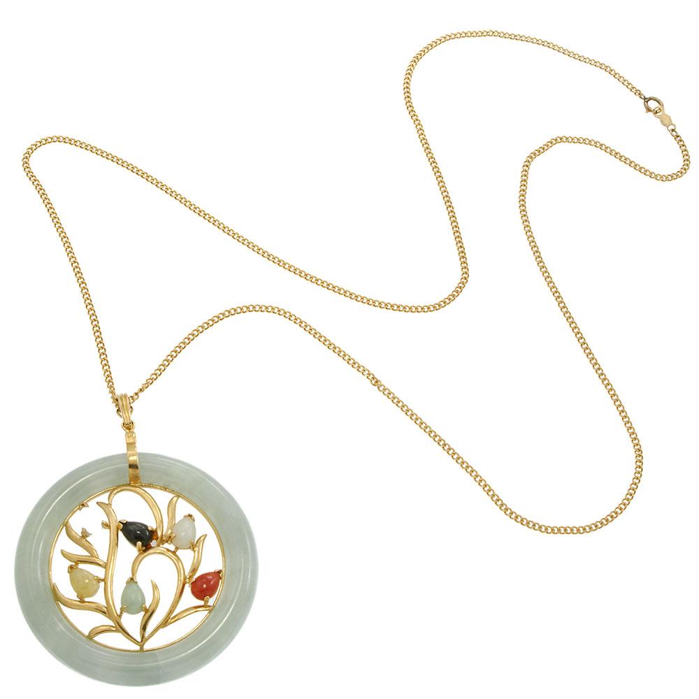 Vintage Multi-Jade Floral Design Pendant Necklace with 14KT Yellow Gold