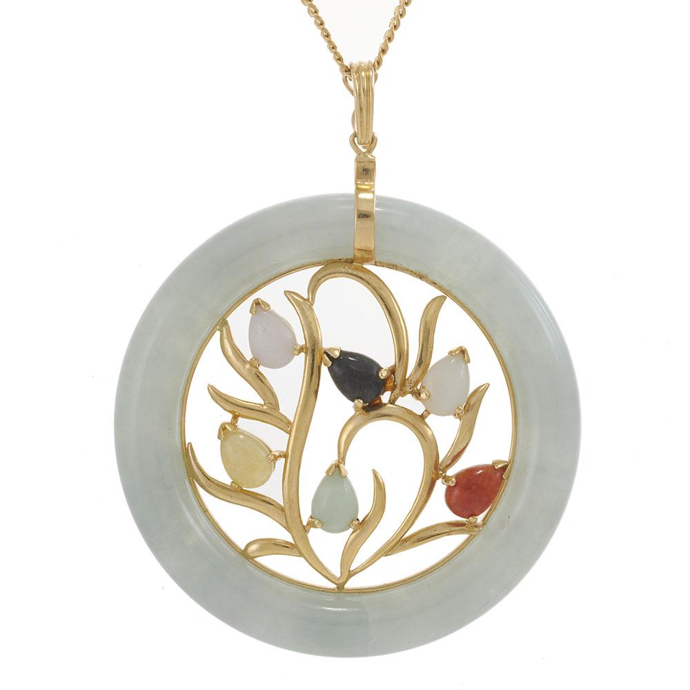 Vintage Multi-Jade Floral Design Pendant Necklace with 14KT Yellow Gold