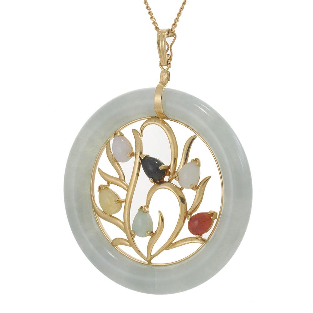 Vintage Multi-Jade Floral Design Pendant Necklace with 14KT Yellow Gold