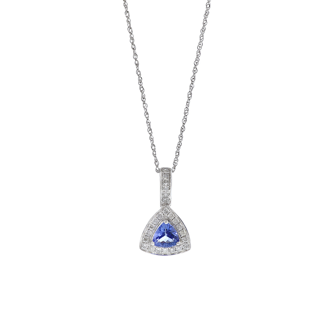 14KT White Gold Round Cut Diamond And Tanzanite Diamond Drop Necklace