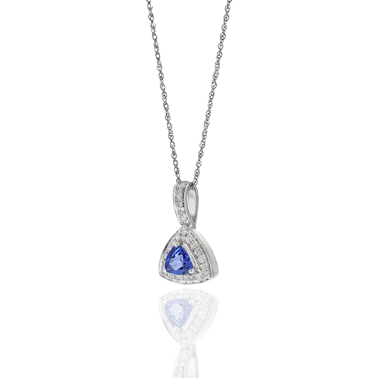 14KT White Gold Round Cut Diamond And Tanzanite Diamond Drop Necklace