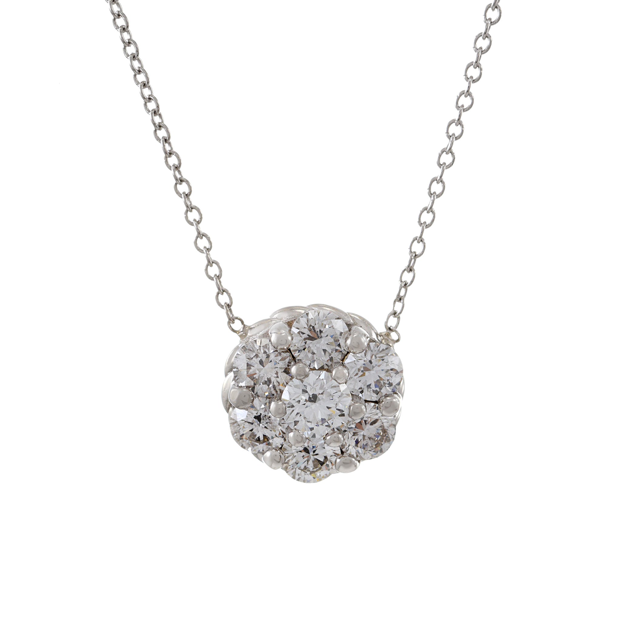 14KT White Gold Round Cluster Diamond Necklace